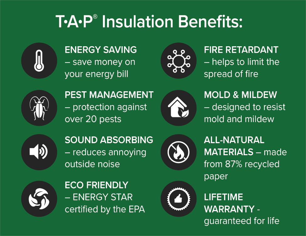 benefits of TAP insulation include energy savings, lifetime guarantee, pest management, and more